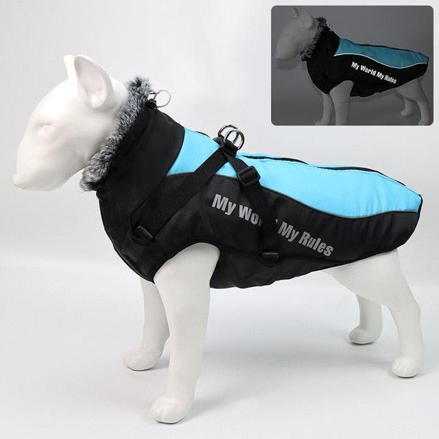 Waterproof Large Dog Clothes - Winter Dog Coat With Harness - Furry Collar Warm Pet Clothing (W1)(F69)
