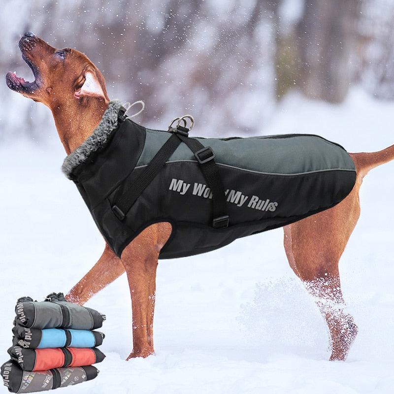 Waterproof Large Dog Clothes - Winter Dog Coat With Harness - Furry Collar Warm Pet Clothing (W1)(F69)