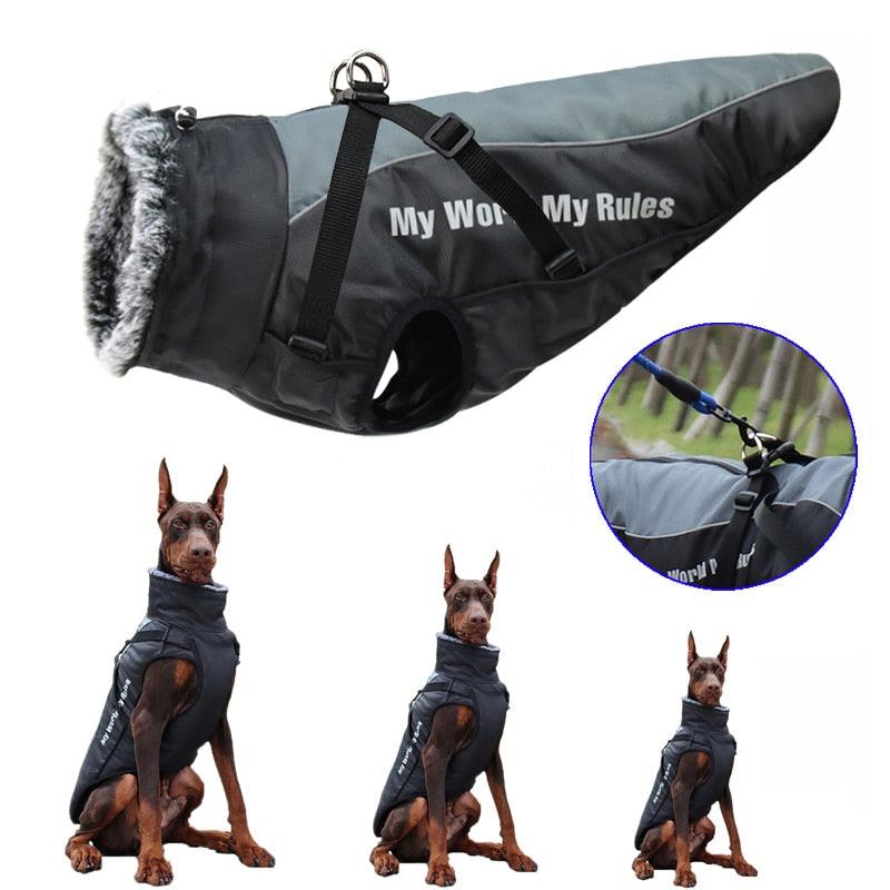 Waterproof Large Dog Clothes - Winter Dog Coat With Harness - Furry Collar Warm Pet Clothing (W1)(F69)