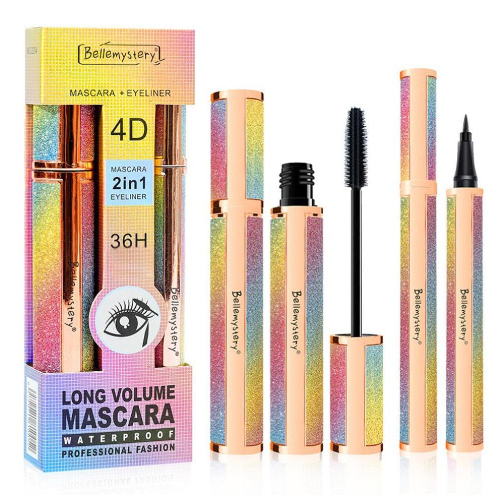 Waterproof Slender Mascara Eyeliner Set - Starry Sky Mascara 4D Silk Fiber Eyelash Long Thick Curling (D86)(M2)(M4)(1U86)