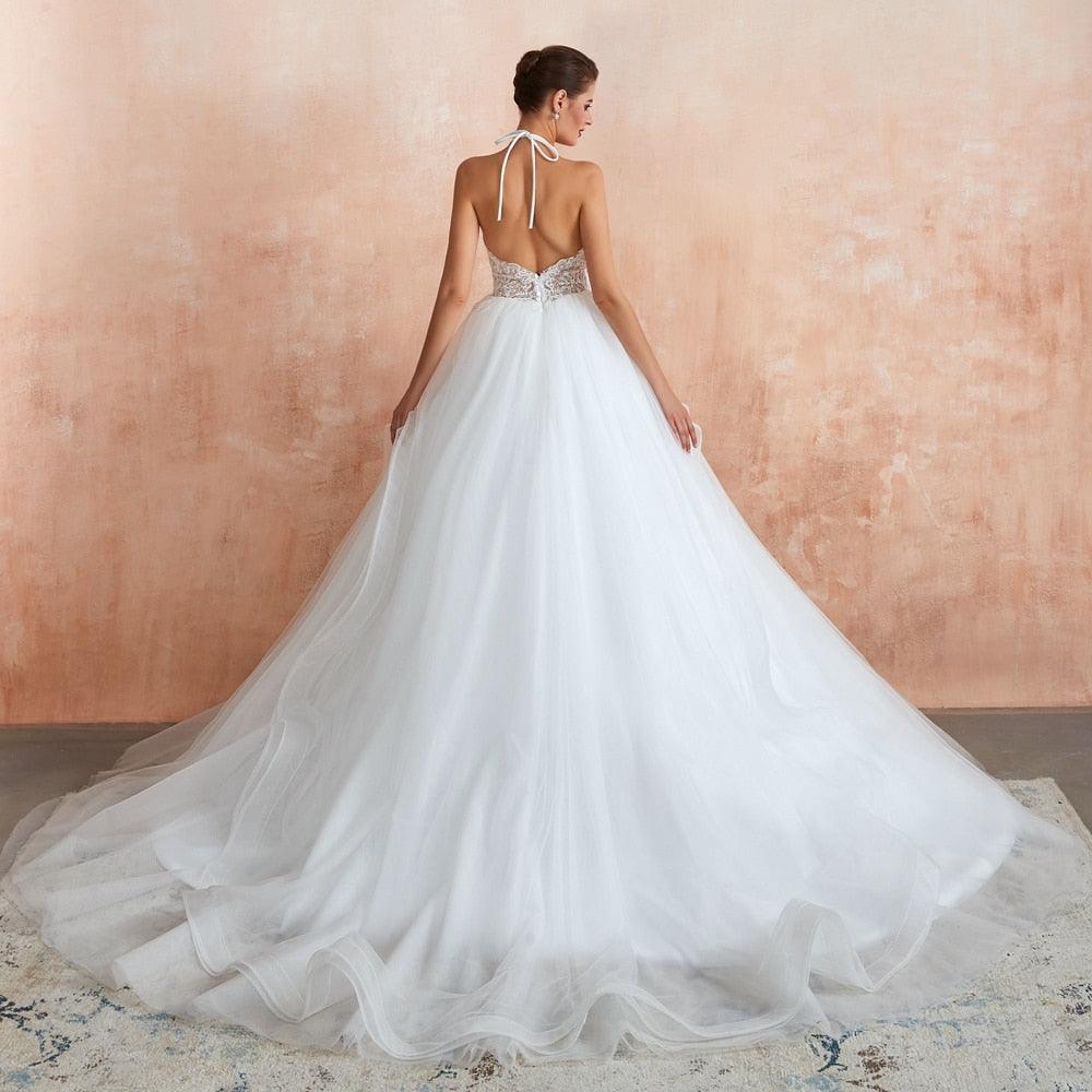 Sexy Wedding Dresses - Ball Gown Halter Lace - Tulle Court Train Sleeveless Sweetheart Dress (D18)(WSO1)