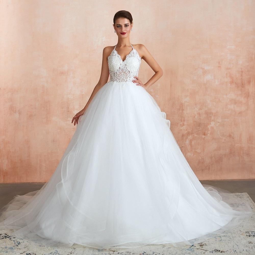 Sexy Wedding Dresses - Ball Gown Halter Lace - Tulle Court Train Sleeveless Sweetheart Dress (D18)(WSO1)