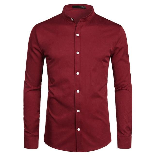 Trending Banded Collar Dress Shirt - Men Slim Fit Long Sleeve Casual Button Down Shirts (TM1)(T2G)