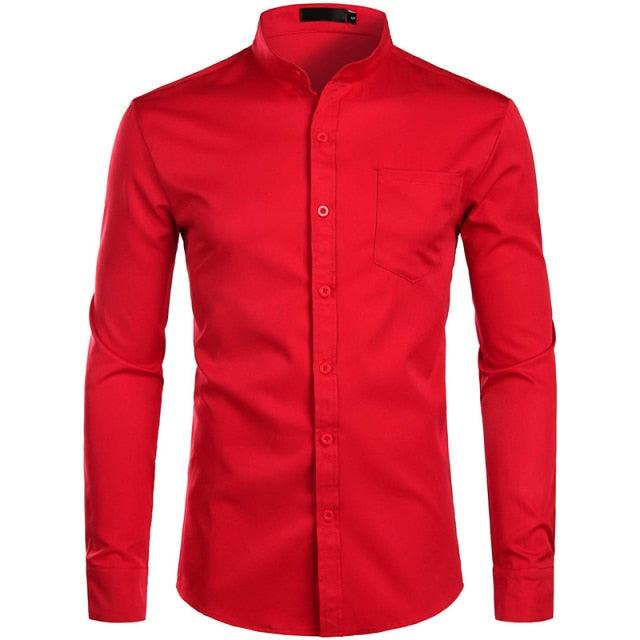 Trending Banded Collar Dress Shirt - Men Slim Fit Long Sleeve Casual Button Down Shirts (TM1)(T2G)