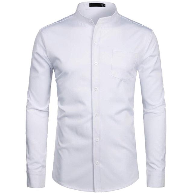 Trending Banded Collar Dress Shirt - Men Slim Fit Long Sleeve Casual Button Down Shirts (TM1)(T2G)