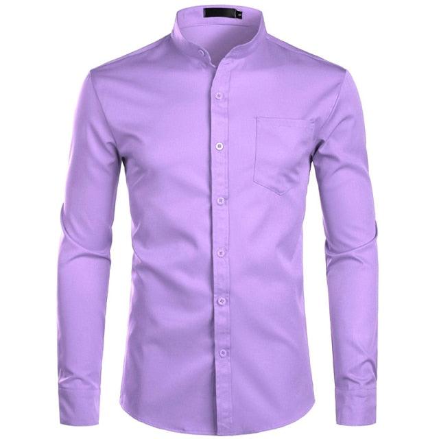 Trending Banded Collar Dress Shirt - Men Slim Fit Long Sleeve Casual Button Down Shirts (TM1)(T2G)
