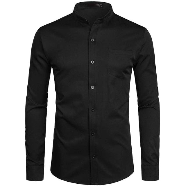 Trending Banded Collar Dress Shirt - Men Slim Fit Long Sleeve Casual Button Down Shirts (TM1)(T2G)