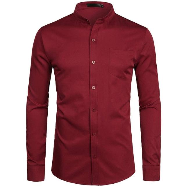 Trending Banded Collar Dress Shirt - Men Slim Fit Long Sleeve Casual Button Down Shirts (TM1)(T2G)