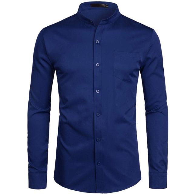 Trending Banded Collar Dress Shirt - Men Slim Fit Long Sleeve Casual Button Down Shirts (TM1)(T2G)