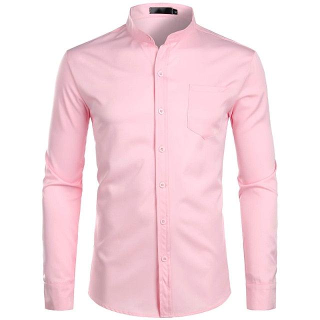 Trending Banded Collar Dress Shirt - Men Slim Fit Long Sleeve Casual Button Down Shirts (TM1)(T2G)