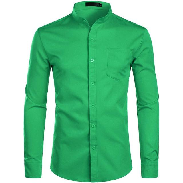 Trending Banded Collar Dress Shirt - Men Slim Fit Long Sleeve Casual Button Down Shirts (TM1)(T2G)