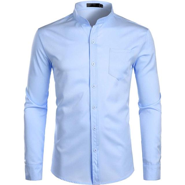 Trending Banded Collar Dress Shirt - Men Slim Fit Long Sleeve Casual Button Down Shirts (TM1)(T2G)