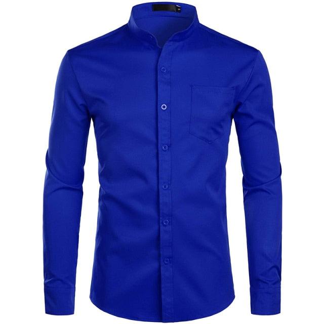 Trending Banded Collar Dress Shirt - Men Slim Fit Long Sleeve Casual Button Down Shirts (TM1)(T2G)