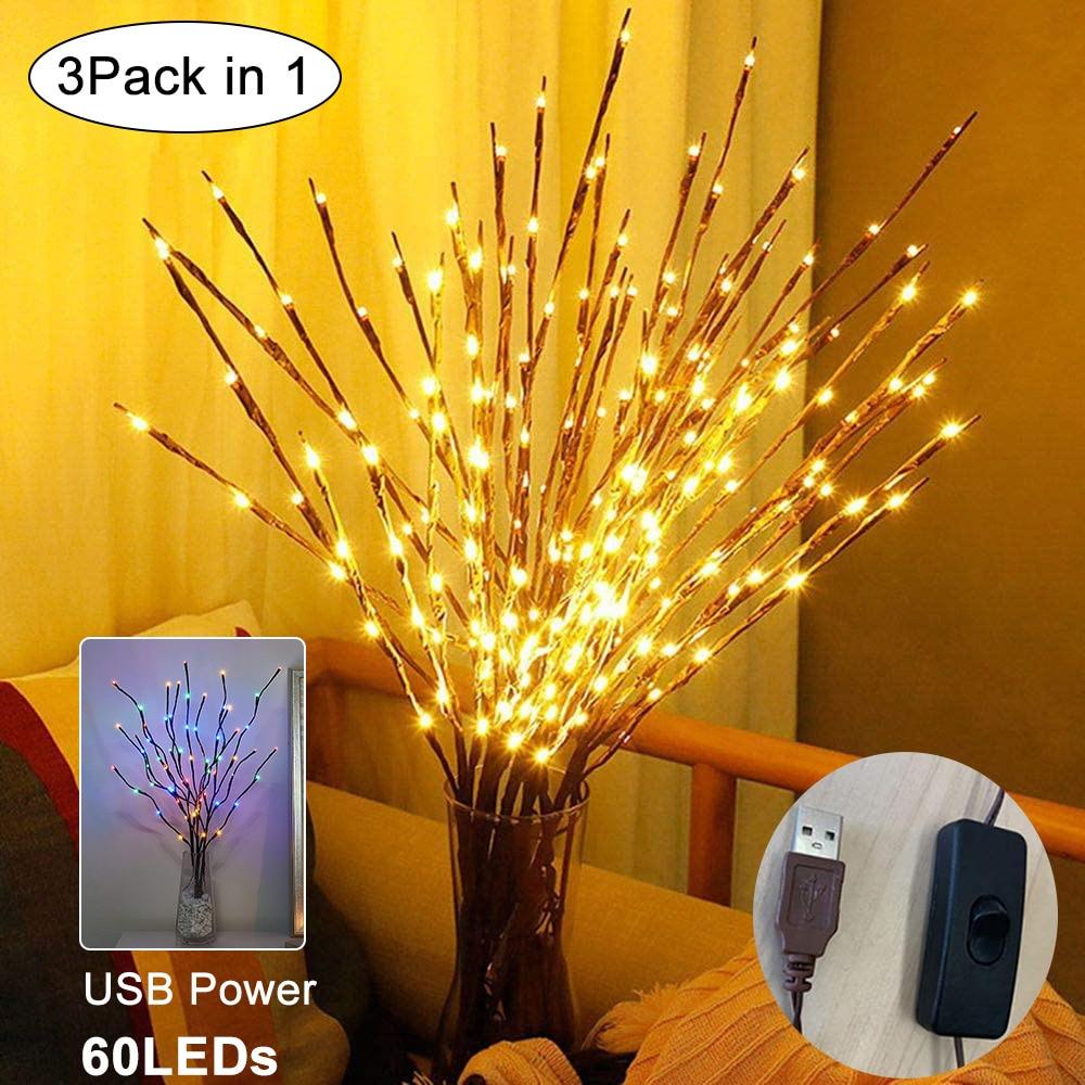 Willow Brown Branches Light - LED Branch Christmas vase Decoration Lights USB Plug-in with Switch 3pcs 60 Bulbs (LL5)1(1U58)