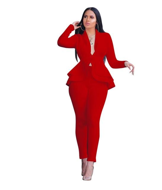 Winter 2 Piece Set Blazer - Women Work Wear - Full Sleeve Ruffles Pencil Pants Suit - Two Piece Office Set (3U20)