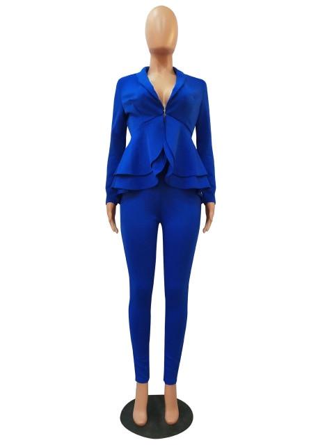 Winter 2 Piece Set Blazer - Women Work Wear - Full Sleeve Ruffles Pencil Pants Suit - Two Piece Office Set (3U20)