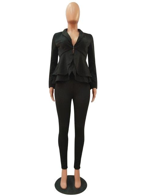 Winter 2 Piece Set Blazer - Women Work Wear - Full Sleeve Ruffles Pencil Pants Suit - Two Piece Office Set (3U20)