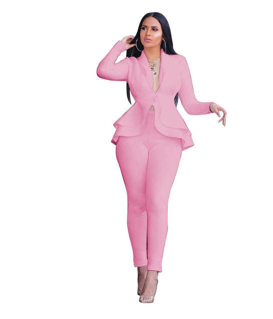 Winter 2 Piece Set Blazer - Women Work Wear - Full Sleeve Ruffles Pencil Pants Suit - Two Piece Office Set (3U20)