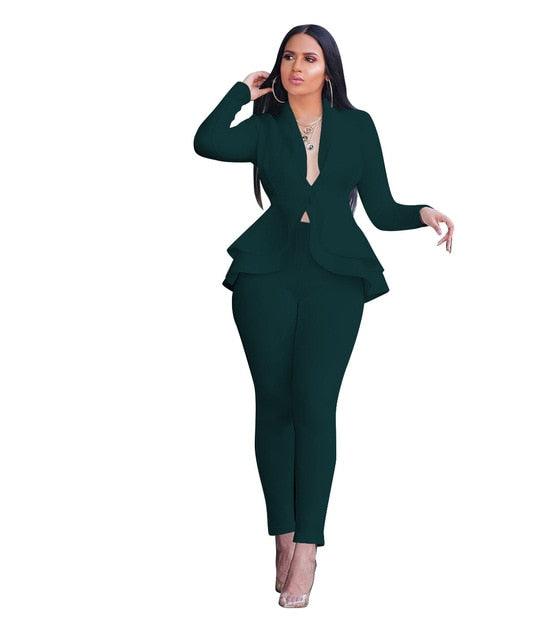 Winter 2 Piece Set Blazer - Women Work Wear - Full Sleeve Ruffles Pencil Pants Suit - Two Piece Office Set (3U20)