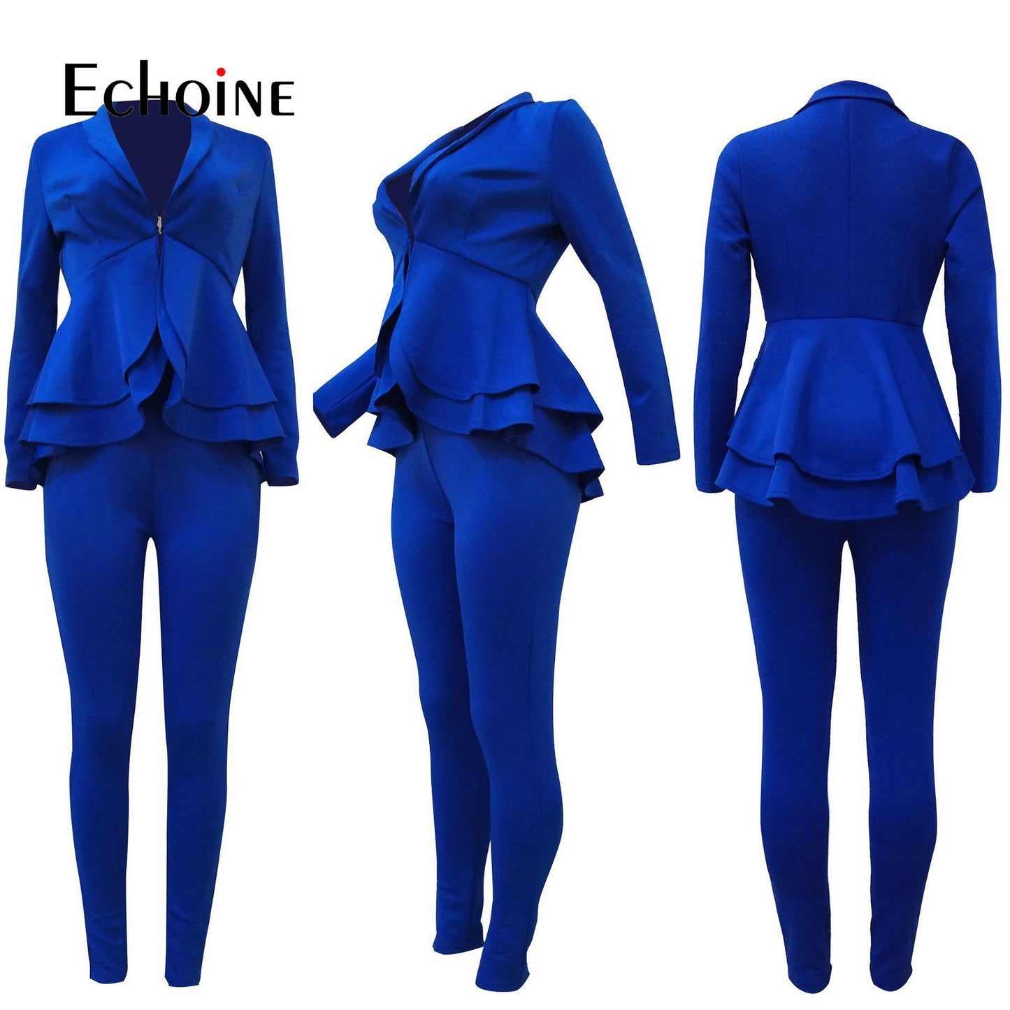 Winter 2 Piece Set Blazer - Women Work Wear - Full Sleeve Ruffles Pencil Pants Suit - Two Piece Office Set (3U20)