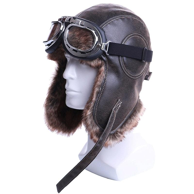 Winter Bomber Hats - Plush Earflap Russian With Goggles Trapper - Aviator Pilot Hat Faux Leather Fur Snow Caps (MA8)(F103)