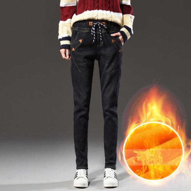 Amazing Women Winter Jeans - Pounds Large Size Denim High Waist Jeans - Thick Plus Velvet Jeans - Warm Pants (D21)(TB6)(BCD3)