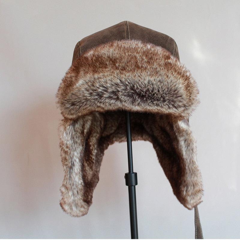 Winter Hat - Pilot Aviator Bomber Trapper Hat - Faux Fur Leather Snow Cap With Ear Flaps (MA8)(F103)