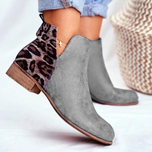 Leopard Low Heels Women Retro PU Leather Ankle Boots - Zip Ladies Shoes (2U38)(2U107)(2U36)