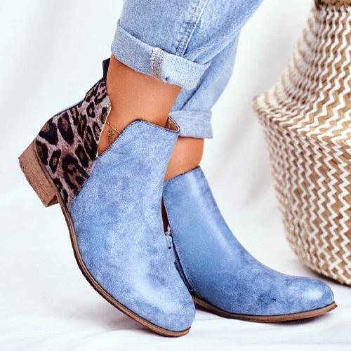 Leopard Low Heels Women Retro PU Leather Ankle Boots - Zip Ladies Shoes (2U38)(2U107)(2U36)