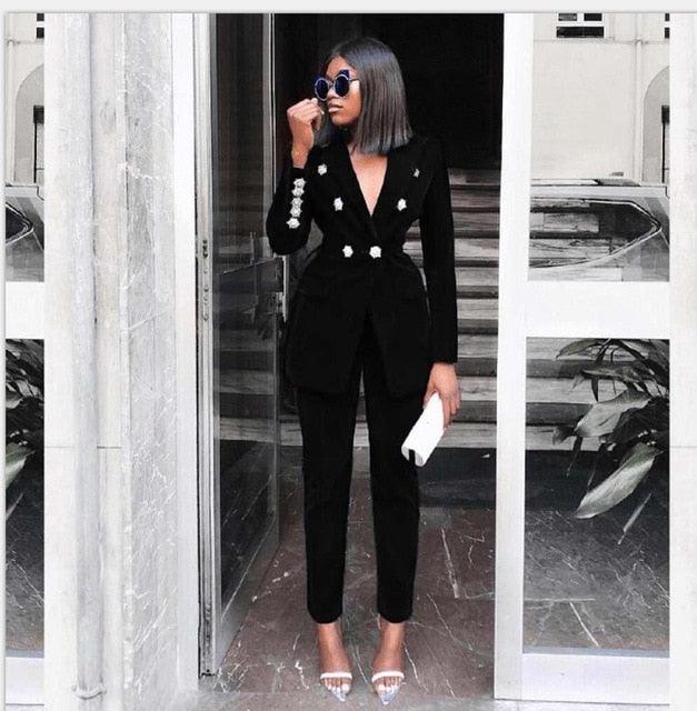 Great Women 2 Piece Set - Top And Pants - New Arrivals Rhinestone Long Sleeve Office Suit - High Waist Pants Set (6U20)