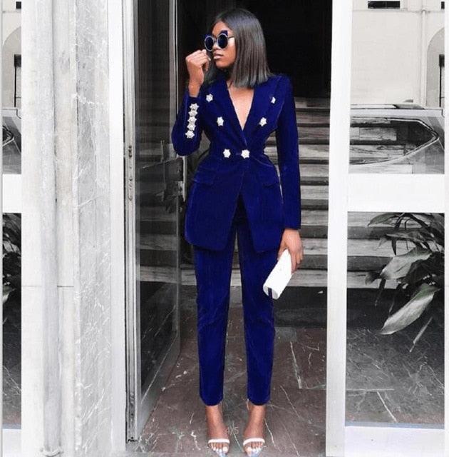 Great Women 2 Piece Set - Top And Pants - New Arrivals Rhinestone Long Sleeve Office Suit - High Waist Pants Set (6U20)