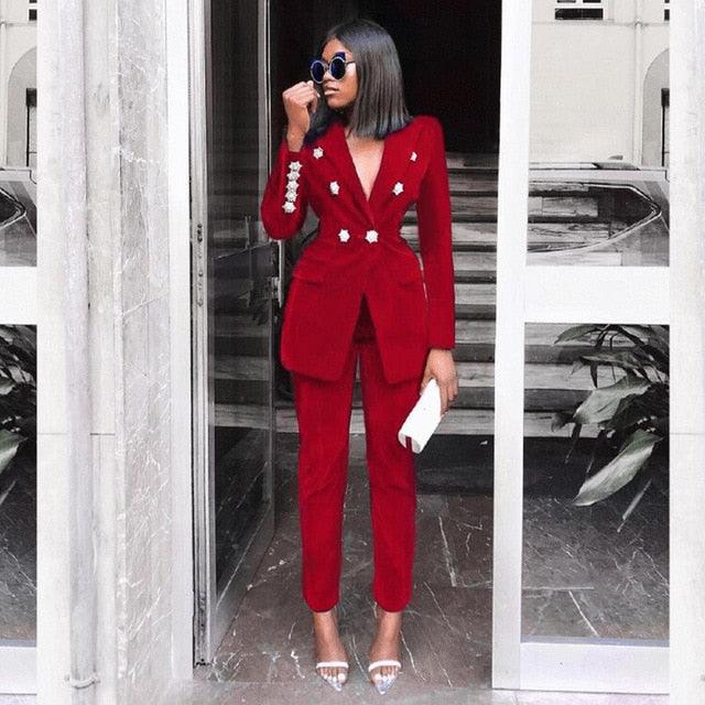 Great Women 2 Piece Set - Top And Pants - New Arrivals Rhinestone Long Sleeve Office Suit - High Waist Pants Set (6U20)