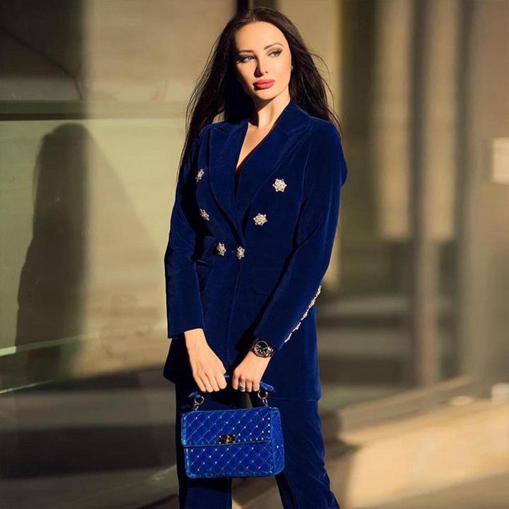 Great Women 2 Piece Set - Top And Pants - New Arrivals Rhinestone Long Sleeve Office Suit - High Waist Pants Set (6U20)