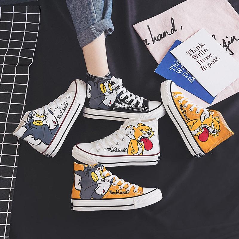 Women's Anime Cartoon Print Patchwork Shoes - Lovely Girls Canvas Thick Heel Sneakers (BWS7)(F41)