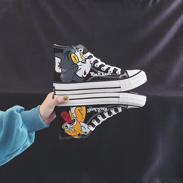Women's Anime Cartoon Print Patchwork Shoes - Lovely Girls Canvas Thick Heel Sneakers (BWS7)(F41)