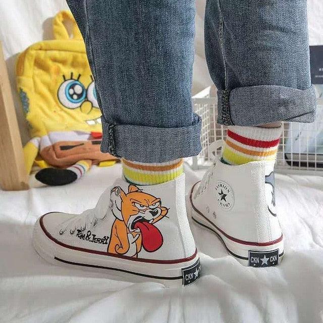 Women's Anime Cartoon Print Patchwork Shoes - Lovely Girls Canvas Thick Heel Sneakers (BWS7)(F41)