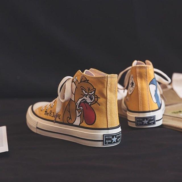 Women's Anime Cartoon Print Patchwork Shoes - Lovely Girls Canvas Thick Heel Sneakers (BWS7)(F41)