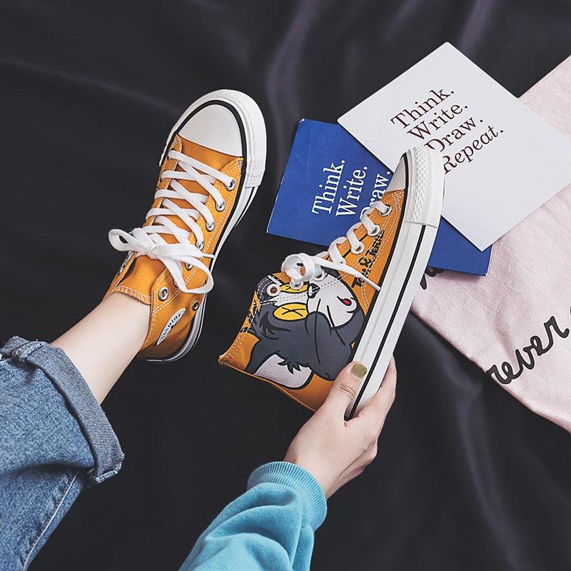 Women's Anime Cartoon Print Patchwork Shoes - Lovely Girls Canvas Thick Heel Sneakers (BWS7)(F41)