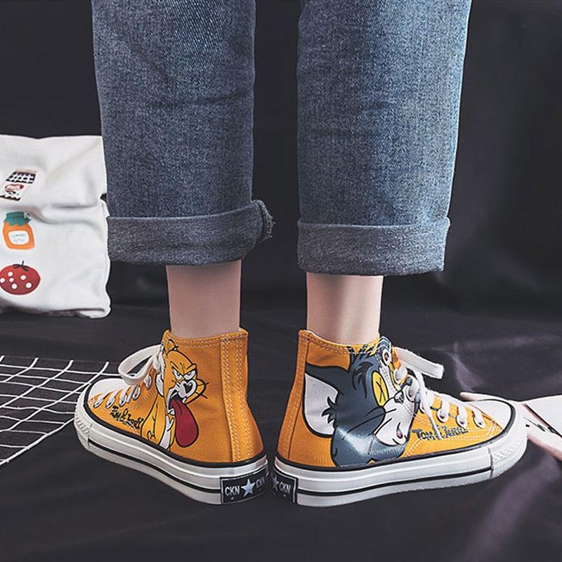 Women's Anime Cartoon Print Patchwork Shoes - Lovely Girls Canvas Thick Heel Sneakers (BWS7)(F41)