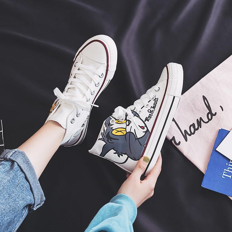 Women's Anime Cartoon Print Patchwork Shoes - Lovely Girls Canvas Thick Heel Sneakers (BWS7)(F41)