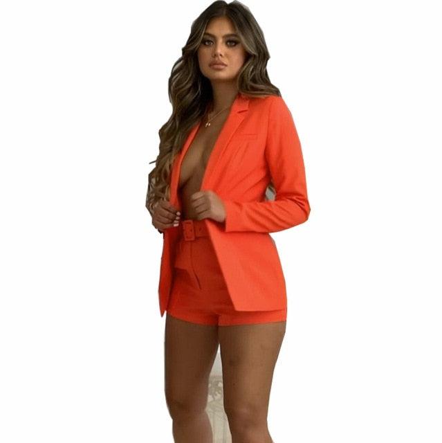 Amazing Two Piece Set - Women Blazer Shorts Suit - Long Sleeve Elegant High Waist Pants (5U20)