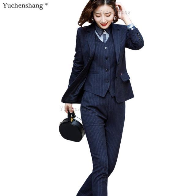 Newest Navy 3 Piece Sets Women Work Pant Suits - Blazer Jacket & Zipper Trousers & Vest Suit For Women (TB5)