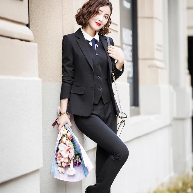 Newest Navy 3 Piece Sets Women Work Pant Suits - Blazer Jacket & Zipper Trousers & Vest Suit For Women (TB5)