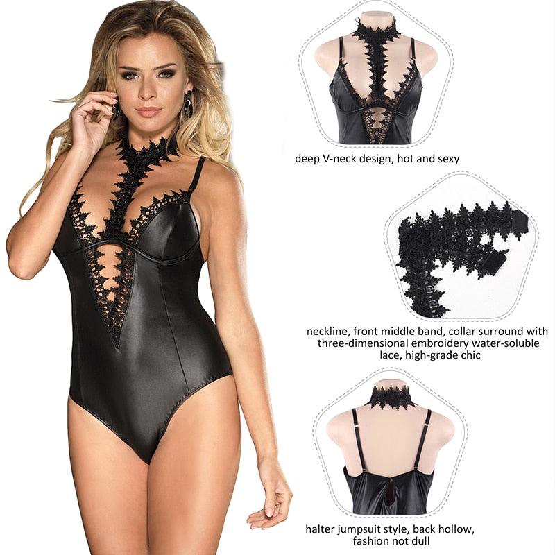 Women Bodysuit Plus Size Lace Choker Neck Faux Leather Rompers Womens Jumpsuit (TSL1)(TSB2)(TSB4)(1U29)