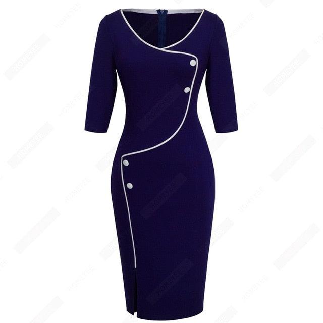 Cute Pencil Elegant Brief Button Elegant Solid Color Retro Round Neck Bodycon Office Lady Dress (BWM)(TP5)