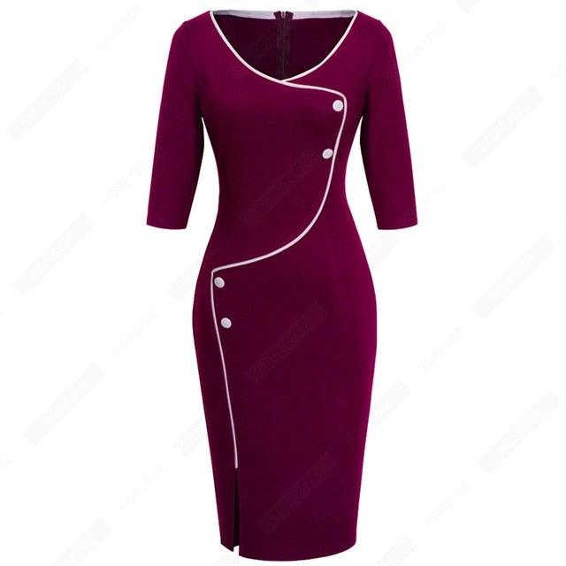 Cute Pencil Elegant Brief Button Elegant Solid Color Retro Round Neck Bodycon Office Lady Dress (BWM)(TP5)
