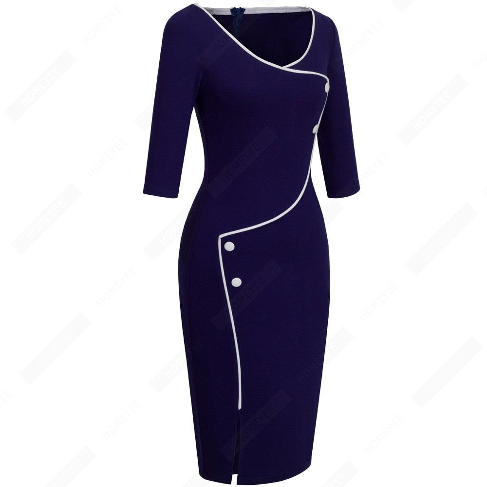 Cute Pencil Elegant Brief Button Elegant Solid Color Retro Round Neck Bodycon Office Lady Dress (BWM)(TP5)