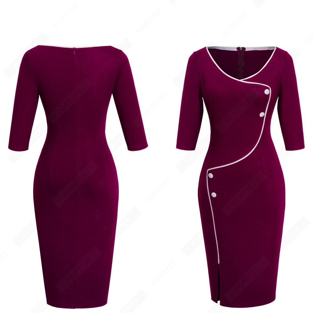 Cute Pencil Elegant Brief Button Elegant Solid Color Retro Round Neck Bodycon Office Lady Dress (BWM)(TP5)