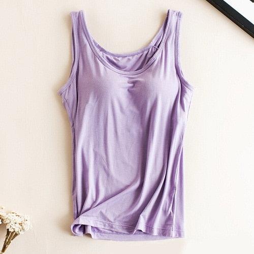Great Women Built In Bra Padded Tank Top - Female Modal Breathable Fitness Camisole Tops - Solid Push Up Bra Vest (TB3)