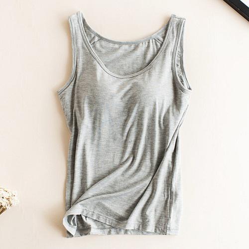 Great Women Built In Bra Padded Tank Top - Female Modal Breathable Fitness Camisole Tops - Solid Push Up Bra Vest (TB3)